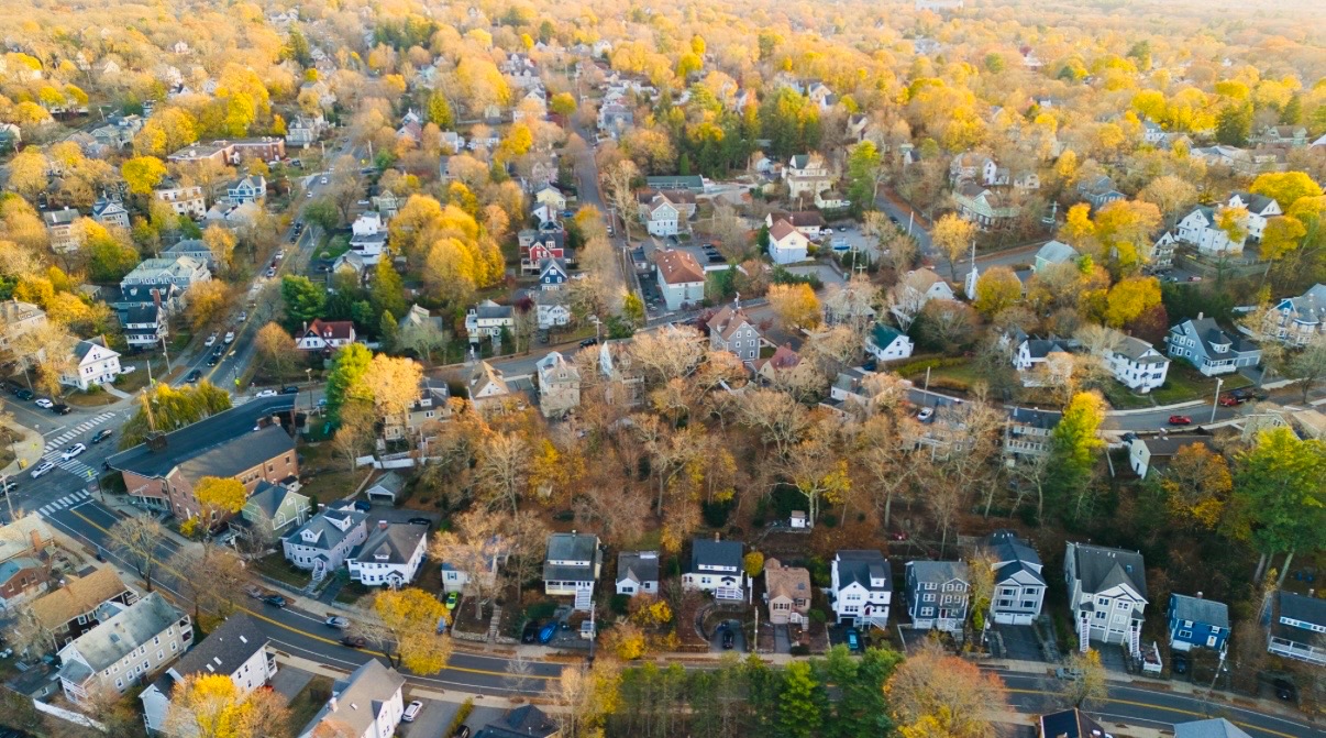Aerial view of a neighborhood in autumn foliage