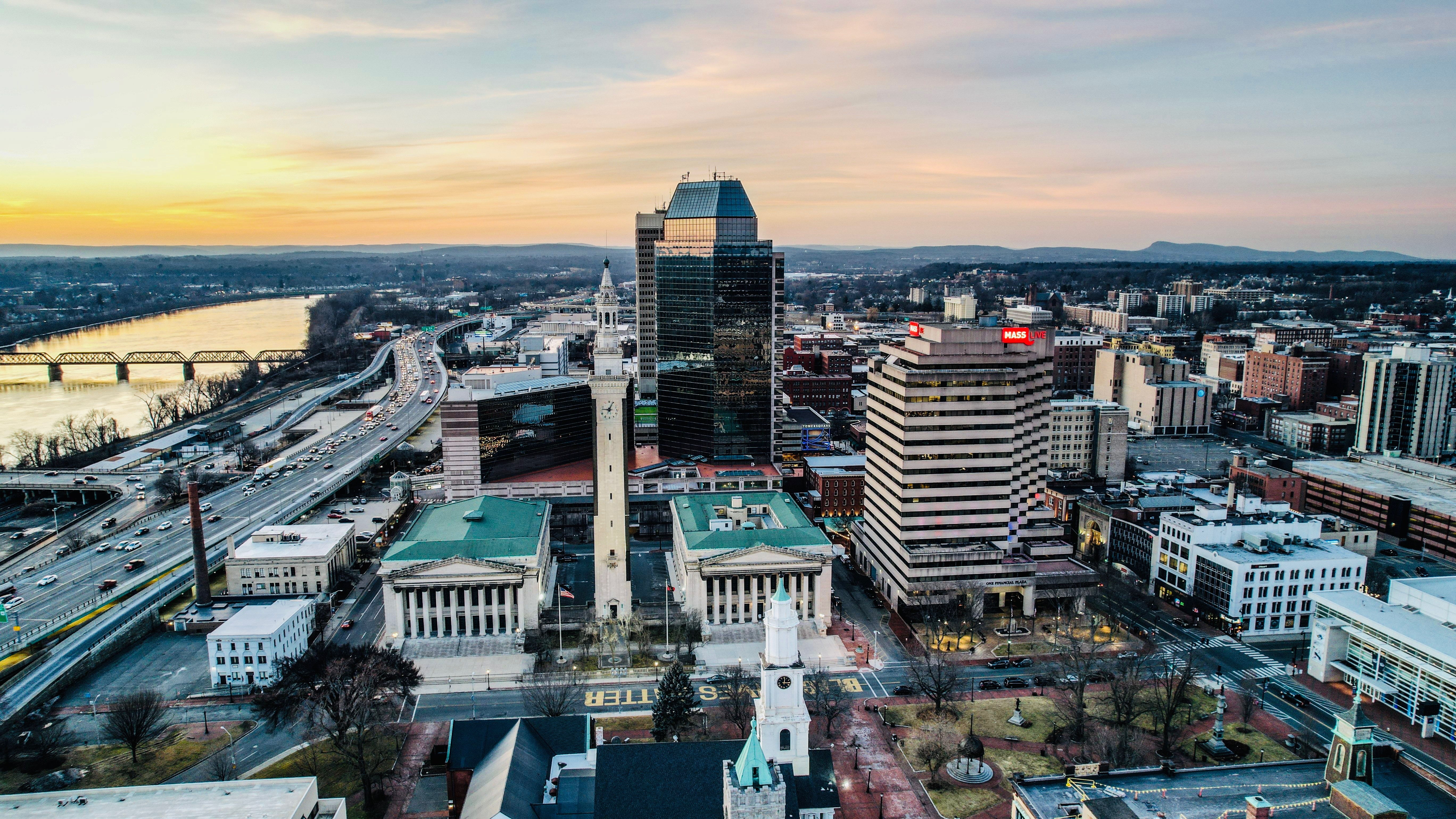 Downtown skyline at sunset from above