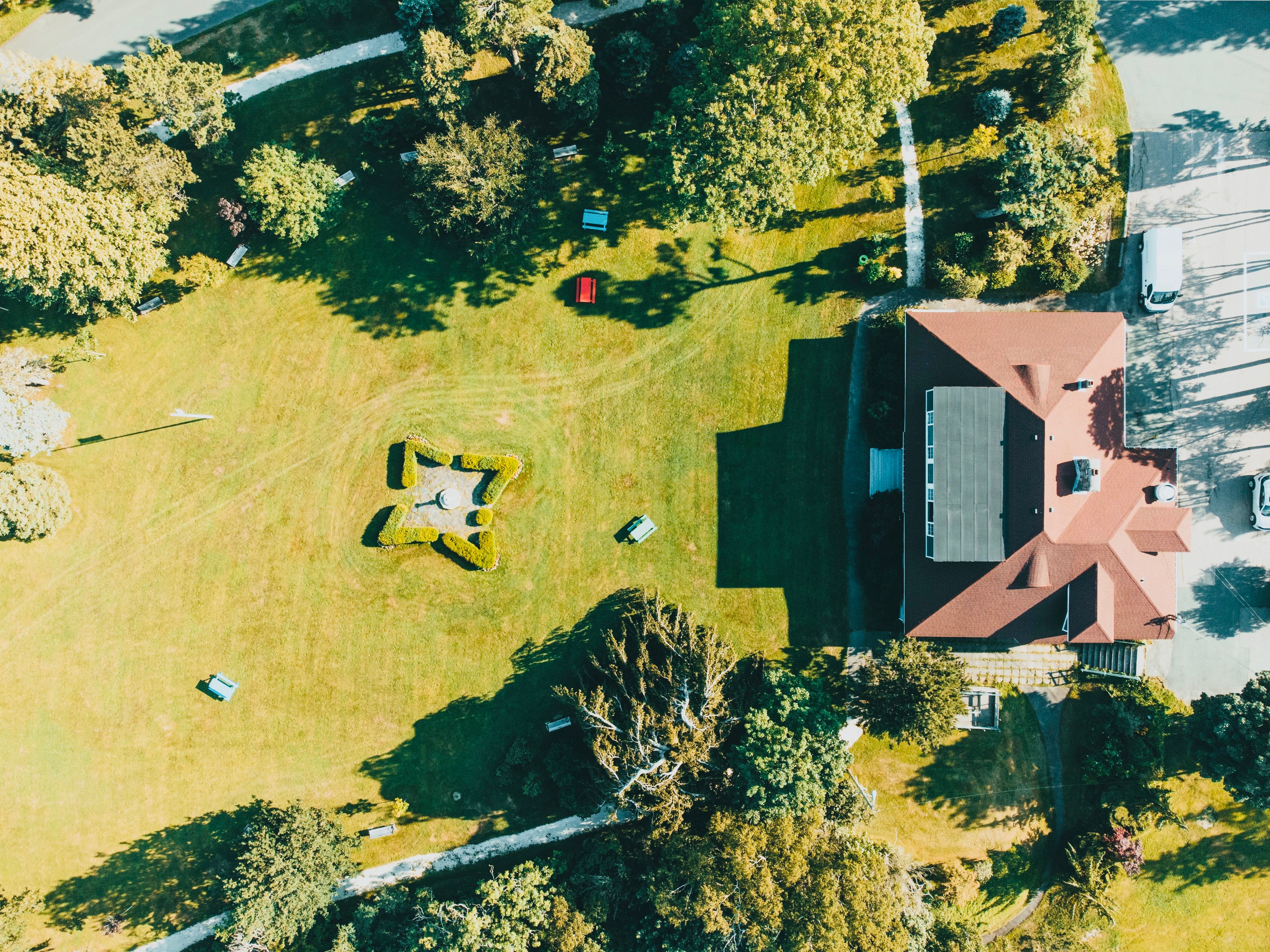 Top-down aerial of an estate property and grounds